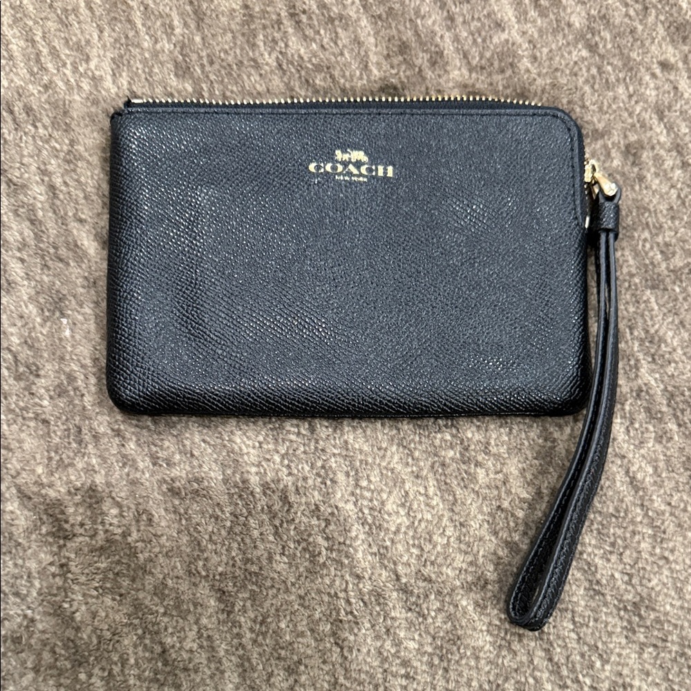 Coach Black Leather Zip Wristlet with Gold Logo Accent